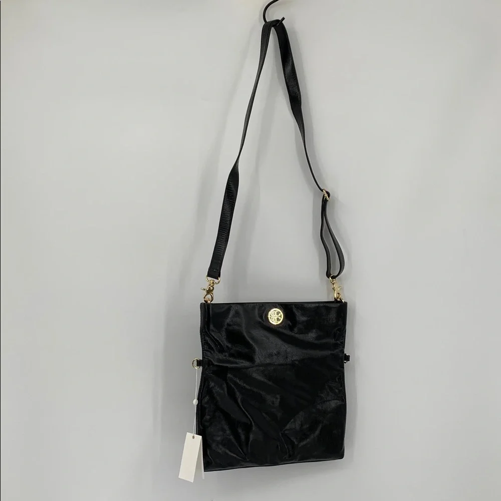 Tory Burch Dena Messenger purse bag black leather logo crossbody convertible new